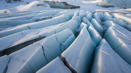 A stunning close-up view of textured blue ice formations on a glacier, showcasing the intricate lines and patterns formed by natural forces.