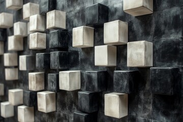 Modern wall art with textured cubes in shades of black and white showcasing contemporary design techniques
