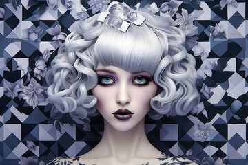 Woman Looking like a Doll with White Hair. Generative AI, non-existent person.	