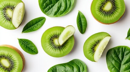 Fototapeta premium Fresh Kiwis With Sliced Halves on a White Background Generative AI