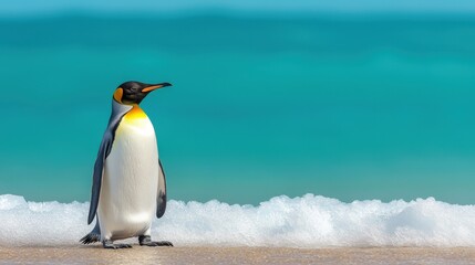 Naklejka premium King penguin on sandy beach coastal wildlife scene vibrant ocean environment nature photography