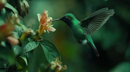 Fototapeta premium Hummingbird's Delicate Dance: Emerald Wings and Floral Nectar Embrace in Nature's Serenity