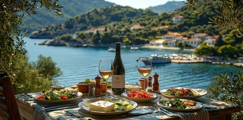 Obraz premium Overlooking the sea, the summer terrace in the hotel room has a table for two that includes snacks and drinks