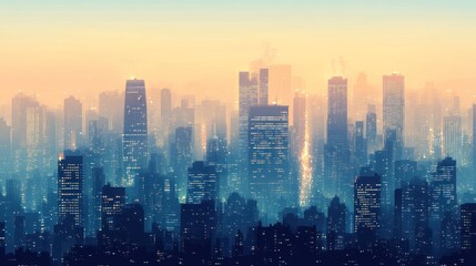 Fototapeta premium Misty city skyline at sunrise. (1)