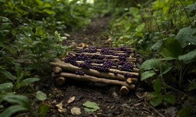 Obraz premium Small bridge of logs filled with dark berries.