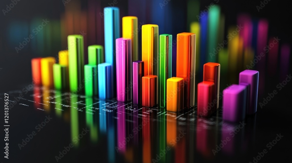 Poster various d bar graphs with different colors and heights on a reflective surface, symbolizing statisti