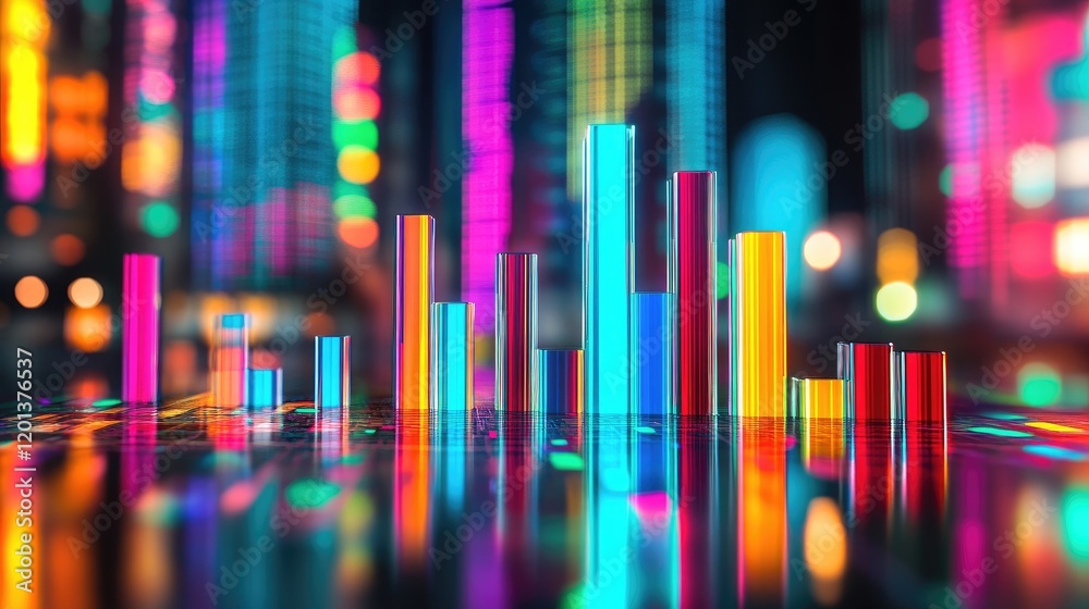 Poster various d bar graphs with different colors and heights on a reflective surface, symbolizing statisti