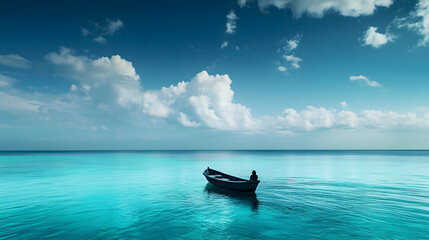 Fototapeta premium Calm waters and serene skies over a lone boat with a person floating peacefully in the ocean during daytime