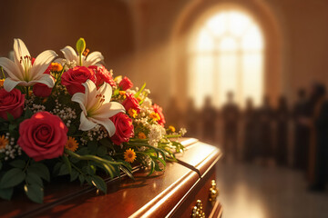 Obraz premium A closed wooden coffin at a funeral service lit by sun rays and adorned with fresh flowers as mourners gather in quiet reflection, honoring a lost loved one. Announcement template. Copy space
