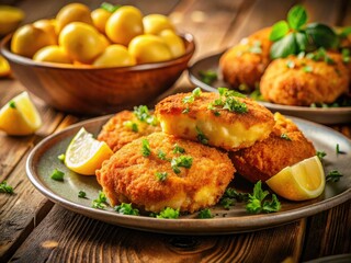 Fototapeta premium Crispy fish cutlets, creamy potatoes, homemade goodness. Tilt-shift photography captures the delicious detail.