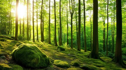 Obraz premium Serene Woodland Scene: Sunlit Forest Path with Lush Greenery and Mossy Floor