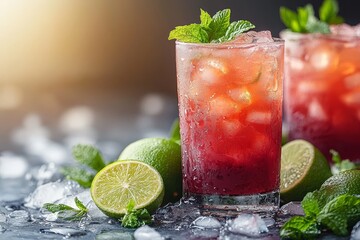 Fototapeta premium Refreshing summer lemonade made from rhubarb, with a zesty twist of lime and a touch of mint