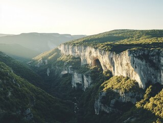 Majestic Canyon View with Cliffs and Green Vegetation under a Clear Sky