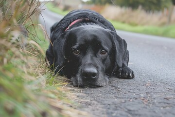 Melancholy Labrador on Country Road