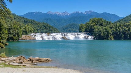 Majestic waterfall cascading into serene lake, mountain backdrop, sunny day, nature travel