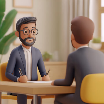 HR Manager interviewing A Candidate in A Bright Meeting Room. 3D cartoon character illustration, high definition