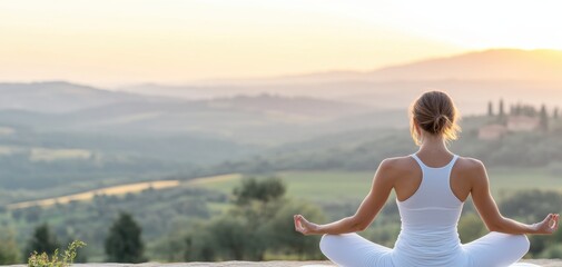 Fototapeta premium A serene woman practicing yoga at sunset, surrounded by calming hills and nature, representing peace and mindfulness. Wellness Retreats . focused meditation, ambiance . healing, and spiritual growth