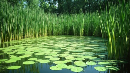 Calm River with Lily Pads and Reeds