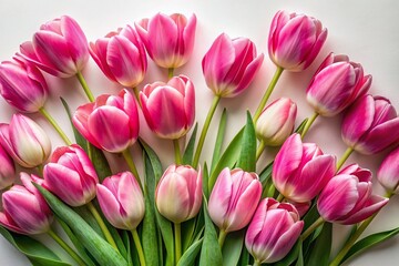 Obraz premium Night Photography: Pink Tulips Top View, White Background, Copy Space