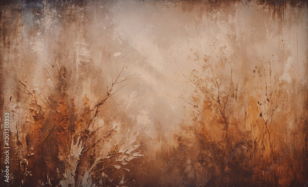 Poster A painting of trees with a brown background. The trees are in different sizes and are scattered throughout the painting. The overall mood of the painting is calm and peaceful, with the trees