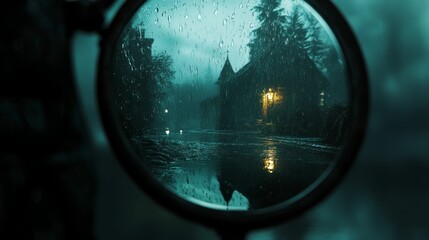 Rainy view through mirror of dark house scene.