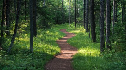 Fototapeta premium Winding Forest Path Through Trees with Green Grass