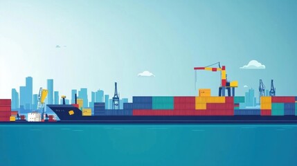 Obraz premium Colorful Illustration of Shipping Port with Containers, Crane, and Cargo Ship against a City Skyline in a Bright Blue Sky