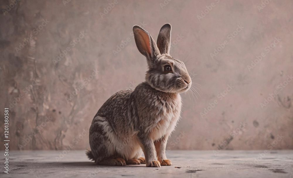 Poster a rabbit is sitting on a concrete floor. the rabbit is looking at the camera. the rabbit is small an