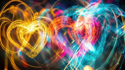 Colorful heart shapes illuminated through light trails in a dark setting during a festive celebration. Generative AI