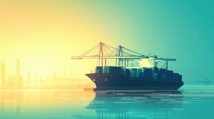 Fototapeta premium Modern Cargo Ship Silhouette on Calm Water at Sunset with Industrial Background and Vibrant Color Gradient Sky Reflecting on Water Surface