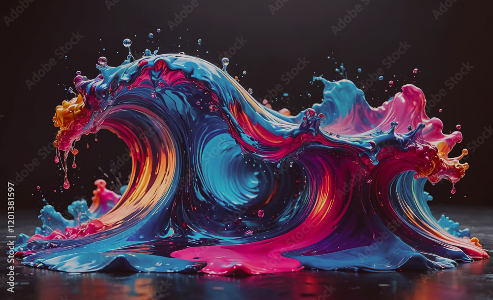Poster A colorful wave made of paint splatters. The colors are bright and vibrant, creating a sense of energy and movement. The wave appears to be in motion, as if it is crashing onto the ground