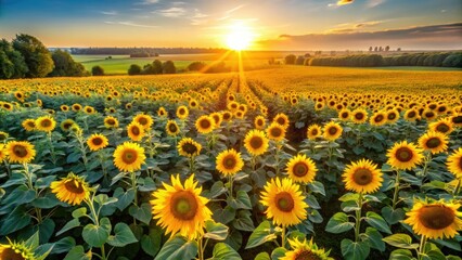 Golden sunflowers bloom in a vast summer field, captured from above by a drone.