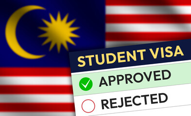 Student visa for Malaysia approved concept design with paper and green tick, education and traveling backdrop