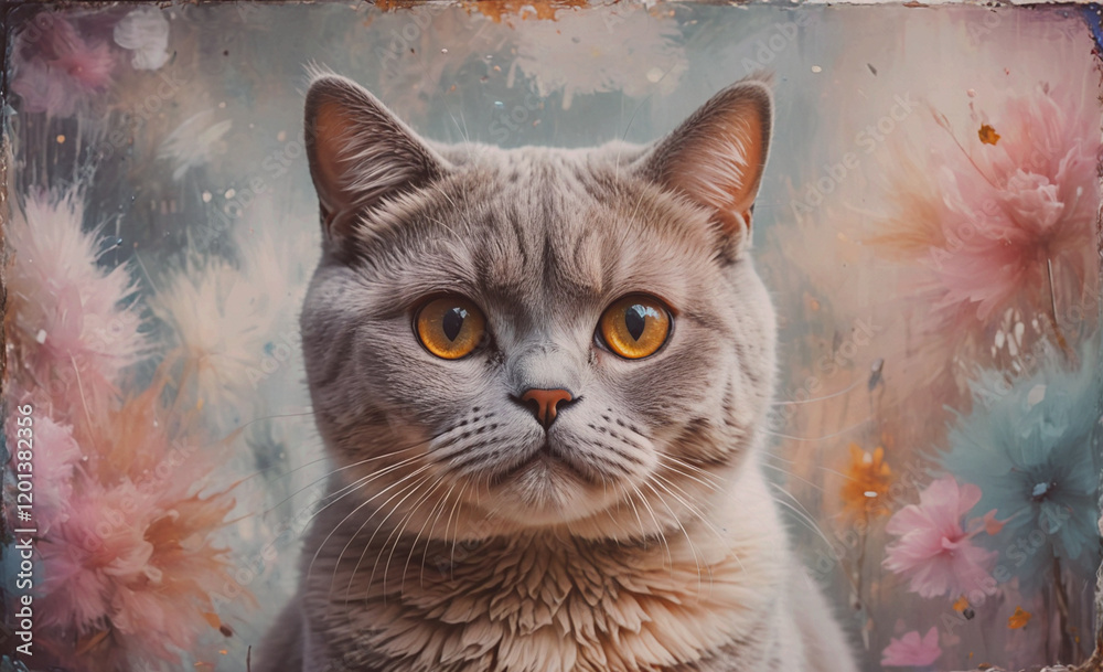 Poster a cat with a yellow nose and green eyes is staring at the camera. the cat is sitting in front of a c