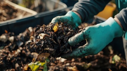 Hands Holding Compost with Garden Gloves, Organic Gardening and Soil