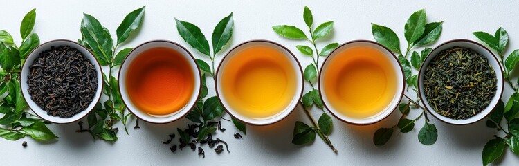 An arrangement focused on Asian food, including green tea, tea cups, a teapot, and bamboo branches