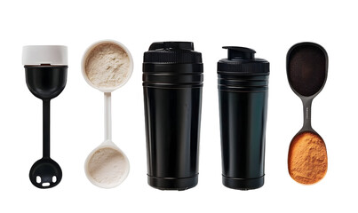 Protein powder, shaker and measuring scoops on white background, set