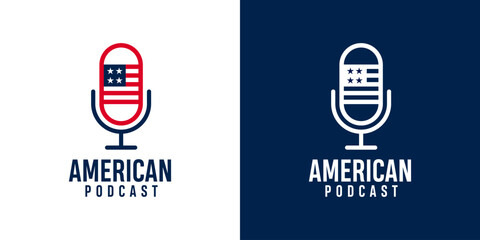 American podcast logo design symbol vector template. Microphone icon with american flag vector design illustration template.