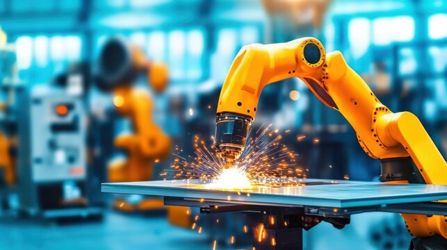 A yellow robotic arm welding on an industrial table in a modern factory, representing precision in Automotive 3D Printing and Additive Manufacturing