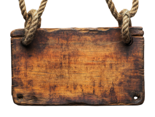Rustic Wooden Plaque with Rope Hanging on Transparent Background
