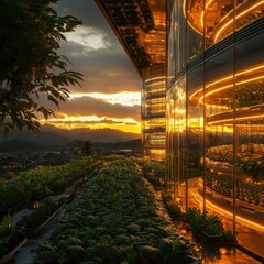 Fototapeta premium Modern Building with Sunset and Greenery View
