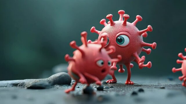 Animation Cartoon bacteria, microbes and viruses on dark background. Pathogenic Microorganisms Characters