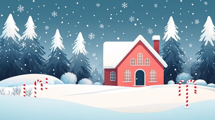 Christmas stars, candy canes, snow, and a winter house scene