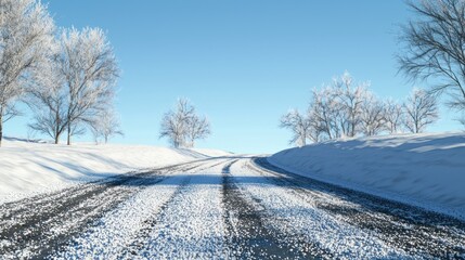 Fototapeta premium Snowy Winter Road: A Serene Winter Landscape