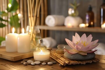 Obraz premium Spa treatment concept. A tranquil spa setting with candles, lotus flowers, and pebbles arranged on a wooden table, accompanied by towels, soaps, and body serums.