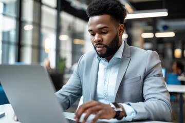 Focused Businessman Working on Laptop in Modern Office