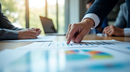 Businessperson's Hand Pointing at Financial Charts:  Serious, Professional Meeting