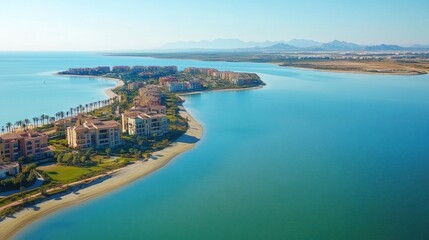 Aerial view of a coastal resort with blue waters, sandy beach, and residential buildings under a clear sky