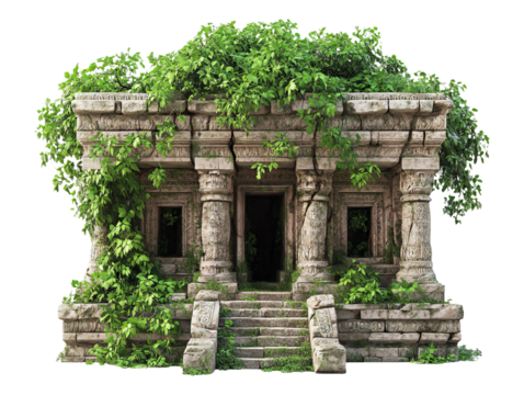 Ancient Temple Ruins Surrounded by Vines and Trees Overgrowth