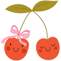 Two cute cherry berries character with pink bow. Perfect for whimsical and playful designs. Childish style